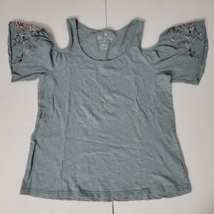 American Eagle Outfitters Blue Cold Shoulder Floral Embroidered Shirt